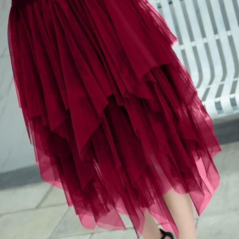 Tulle Skirts for Women 3 Layered High Low Asymmetrical Midi Length Elastic Waist Mesh Tutu Skirts in Kuwait