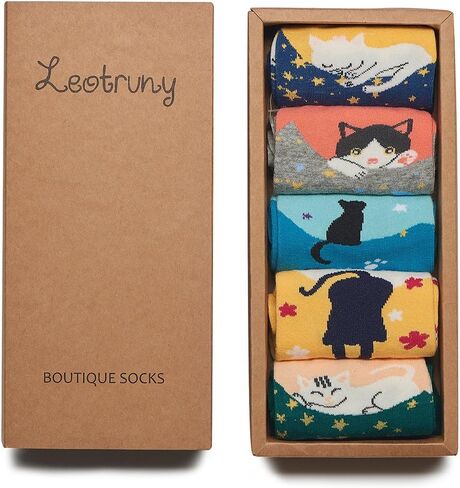 Leotruny Women's Colorful Cute Cat Crew Socks with Gift Box in Kuwait