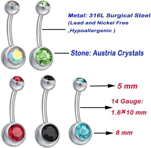 15 PCS Assorted Colors Belly Button Ring Surgical steel Hypoallergenic Lead and Nickel Free,14 Gauge navel piercing body jewelry in Saudi Arabia
