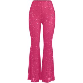 Women Rave Mesh Sheer Pants Flared Bell Bottom Pants for Dance Festival Clubwear
