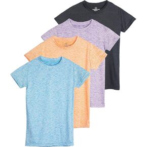 Real Essentials 4 Pack: Girls Short Sleeve Dry-Fit Crew Neck Active Athletic Performance T-Shirt