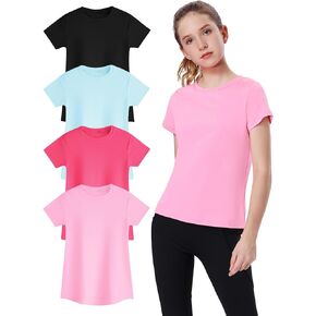 مجموعة من 4 قمصان رياضية للفتيات من EXARUS، بأكمام قصيرة، سريعة الجفاف، بياقة دائرية، ملابس رياضية للأطفال من عمر 8 إلى 16 عامًا in Kuwait
