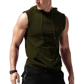 Amussiar Men's Workout Hooded Tank Tops Sleeveless Gym Training Hoodies Bodybuilding Muscle Cut Off T Shirt