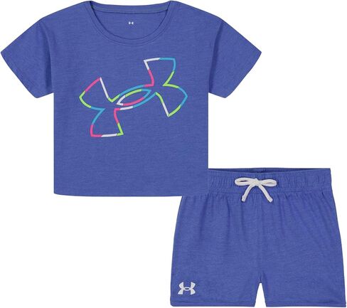طقم قميص وسروال قصير الأكمام للفتيات من Under Armour، متين قابل للتمدد وخفيف الوزن، Baja Blue Twist، 2T in Saudi Arabia