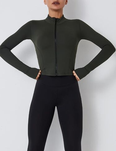 Fenclushy Womens Cropped Slim Athletic Yoga Workout Track Sports Zip Up Jacket with Thumb Holes in Kuwait