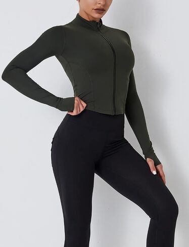 Fenclushy Womens Cropped Slim Athletic Yoga Workout Track Sports Zip Up Jacket with Thumb Holes in Kuwait