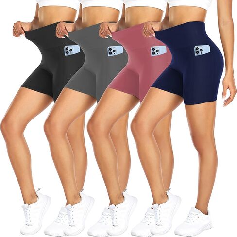 FULLSOFT 4 Pack Biker Shorts for Women with Pockets – 5" High Waisted Tummy Control Workout Yoga Running Gym Tennis Shorts in Kuwait