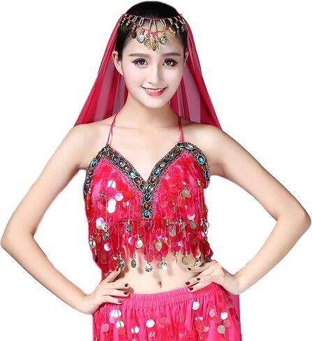 حمالة صدر نسائية مزينة بالترتر مع عملات معدنية للرقص الشرقي، حمالة صدر علوية، زي الهالوين الهذيان in Kuwait