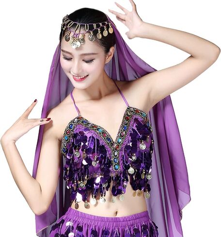 حمالة صدر نسائية مزينة بالترتر مع عملات معدنية للرقص الشرقي، حمالة صدر علوية، زي الهالوين الهذيان in Kuwait