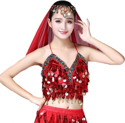حمالة صدر نسائية مزينة بالترتر مع عملات معدنية للرقص الشرقي، حمالة صدر علوية، زي الهالوين الهذيان in Kuwait