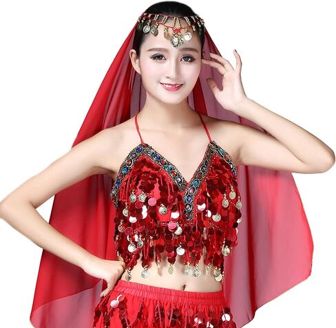 حمالة صدر نسائية مزينة بالترتر مع عملات معدنية للرقص الشرقي، حمالة صدر علوية، زي الهالوين الهذيان in Kuwait
