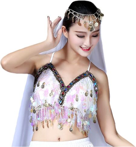 حمالة صدر نسائية مزينة بالترتر مع عملات معدنية للرقص الشرقي، حمالة صدر علوية، زي الهالوين الهذيان in Kuwait