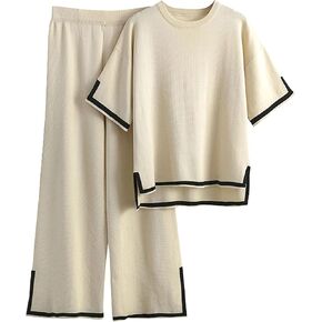 Faleave Womens Knit 2 Piece Sweater Sets Short Sleeve Pullover Tops Elastic Waist Wide Leg Pants Lounge Set