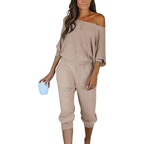 PRETTYGARDEN Women's 2 Piece Ribbed Tracksuit Outfits Off Shoulder Long Sleeve Pullover Lounge Pants with Pockets in Kuwait