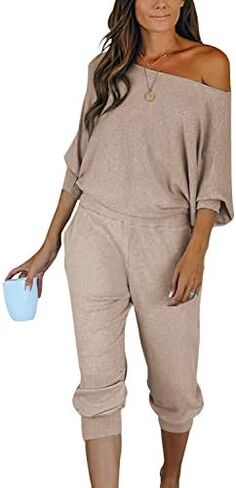 PRETTYGARDEN Women's 2 Piece Ribbed Tracksuit Outfits Off Shoulder Long Sleeve Pullover Lounge Pants with Pockets in Kuwait