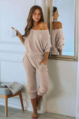 PRETTYGARDEN Women's 2 Piece Ribbed Tracksuit Outfits Off Shoulder Long Sleeve Pullover Lounge Pants with Pockets in Kuwait