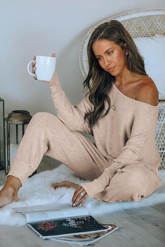 PRETTYGARDEN Women's 2 Piece Ribbed Tracksuit Outfits Off Shoulder Long Sleeve Pullover Lounge Pants with Pockets in Kuwait