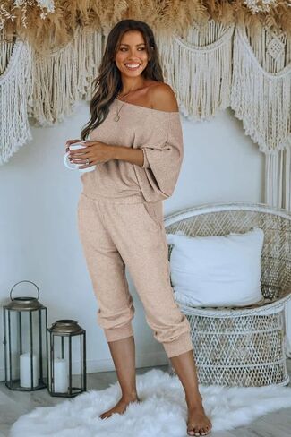 PRETTYGARDEN Women's 2 Piece Ribbed Tracksuit Outfits Off Shoulder Long Sleeve Pullover Lounge Pants with Pockets in Kuwait