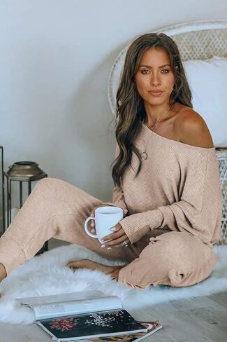PRETTYGARDEN Women's 2 Piece Ribbed Tracksuit Outfits Off Shoulder Long Sleeve Pullover Lounge Pants with Pockets in Kuwait