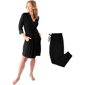 Kindred Bravely Everyday Maternity Joggers (Black, Large) & Emmaline Maternity & Nursing Robe (Black, Large/X-Large) Bundle