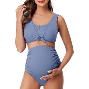 Summer Mae Maternity Ribbed Two-Piece Swimsuit Front Knot Crop Top Bikini High Waisted Pregnancy Bathing Suit