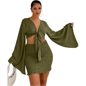 LYANER Women's 2 Piece Outfits Tie Knot Front Bell Long Sleeve Crop Top and Mini Skirt Set in Saudi Arabia