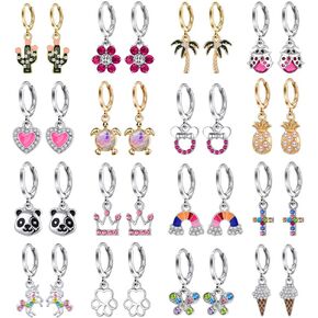 Aganippe 12/16 Pairs Hypoallergenic Acrylic Dangle Hoop Earrings Cute Multiple Colour Fox Flower Flag Panda Pineapple Beetle Fruits Food Cartoon Dangle Hoop Earrings for Little Girls Women in Saudi Arabia