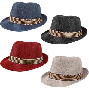 Ultrafun 4 Pack Kids Fedora Hat Short Brim Straw Trilby Jazz Hat Summer Sun Beach Cap for Boys Girls 5-10 Years in Saudi Arabia