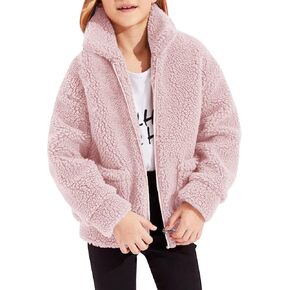 الفتيات سترة الصوف الدافئة زمم فو شيرلينغ ملابس خارجية مكتنزة الاطفال معطف الشتاء 4-16 T in Kuwait