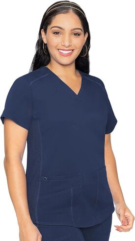 Med Couture V-Neck Scrub Top for Women with 4 Pockets, Rib-Knit Side Panel, and Shirttail Hem MC7459 in Kuwait