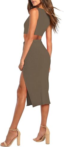 HUUSA 2 Piece Dress for Women Sexy Sleeveless Slim Bodycon Split Midi Dresses Casual Crewneck Tank Tops High Waist Skirt Sets in Kuwait