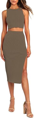 HUUSA 2 Piece Dress for Women Sexy Sleeveless Slim Bodycon Split Midi Dresses Casual Crewneck Tank Tops High Waist Skirt Sets in Kuwait