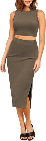 HUUSA 2 Piece Dress for Women Sexy Sleeveless Slim Bodycon Split Midi Dresses Casual Crewneck Tank Tops High Waist Skirt Sets in Kuwait