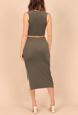 HUUSA 2 Piece Dress for Women Sexy Sleeveless Slim Bodycon Split Midi Dresses Casual Crewneck Tank Tops High Waist Skirt Sets in Kuwait