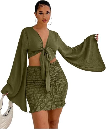 LYANER Women's 2 Piece Outfits Tie Knot Front Bell Long Sleeve Crop Top and Mini Skirt Set in Kuwait