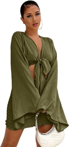 LYANER Women's 2 Piece Outfits Tie Knot Front Bell Long Sleeve Crop Top and Mini Skirt Set in Kuwait