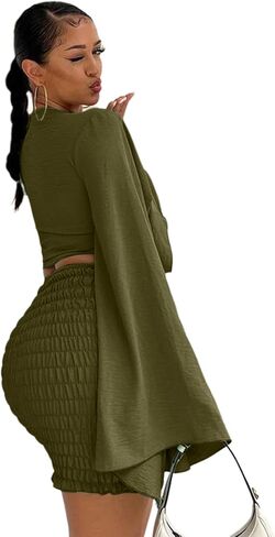 LYANER Women's 2 Piece Outfits Tie Knot Front Bell Long Sleeve Crop Top and Mini Skirt Set in Kuwait