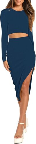 Pink Queen Women's 2 Piece Outfits Set Long Sleeve Crop Top Bodycon Slit Midi Skirt Sets Ribbed Knit Dress in Kuwait