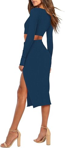 Pink Queen Women's 2 Piece Outfits Set Long Sleeve Crop Top Bodycon Slit Midi Skirt Sets Ribbed Knit Dress in Kuwait