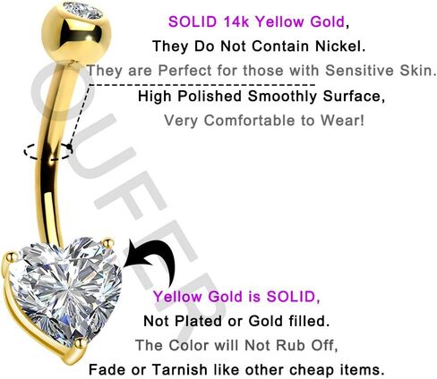 OUFER البطن السرة خواتم 14K الصلبة الذهب الأبيض حلقات زر البطن القلب سوليتير مكعب زركونيا حلقات زر البطن حلقات السرة هيئة ثقب المجوهرات in Kuwait