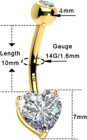 OUFER البطن السرة خواتم 14K الصلبة الذهب الأبيض حلقات زر البطن القلب سوليتير مكعب زركونيا حلقات زر البطن حلقات السرة هيئة ثقب المجوهرات in Kuwait