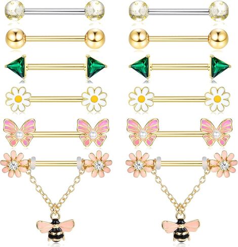 JOERICA 6 Pairs 14G Nipple Rings for Women 316L Stainless Steel Heart Butterfly Moon CZ Flower Barbell Nipple Rings Set Cute Nipplerings Piercing Jewelry in Kuwait