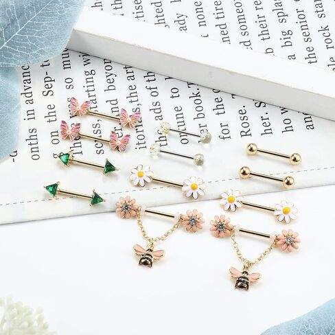 JOERICA 6 Pairs 14G Nipple Rings for Women 316L Stainless Steel Heart Butterfly Moon CZ Flower Barbell Nipple Rings Set Cute Nipplerings Piercing Jewelry in Kuwait