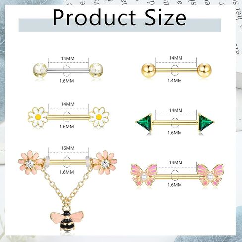 JOERICA 6 Pairs 14G Nipple Rings for Women 316L Stainless Steel Heart Butterfly Moon CZ Flower Barbell Nipple Rings Set Cute Nipplerings Piercing Jewelry in Kuwait