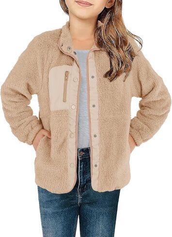 سترة صوفية خفيفة الوزن للفتيات من Geckatte بأزرار لأعلى معطف شيربا ناعم للخروج مع جيوب للربيع والشتاء 5-14 سنة in Kuwait