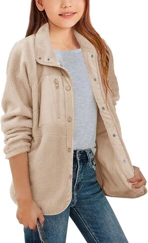 سترة صوفية خفيفة الوزن للفتيات من Geckatte بأزرار لأعلى معطف شيربا ناعم للخروج مع جيوب للربيع والشتاء 5-14 سنة in Kuwait