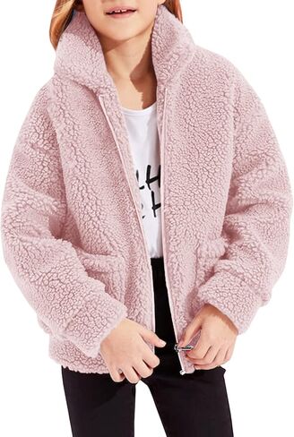 الفتيات سترة الصوف الدافئة زمم فو شيرلينغ ملابس خارجية مكتنزة الاطفال معطف الشتاء 4-16 T in Kuwait