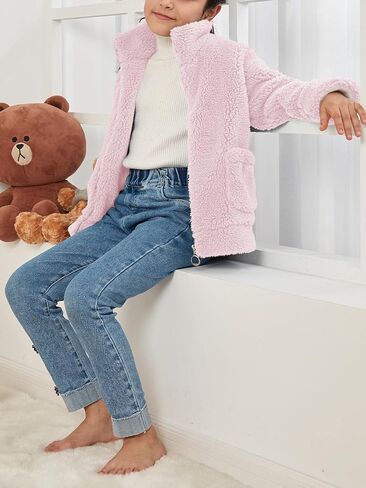 الفتيات سترة الصوف الدافئة زمم فو شيرلينغ ملابس خارجية مكتنزة الاطفال معطف الشتاء 4-16 T in Kuwait