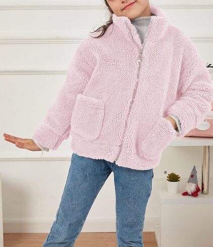 الفتيات سترة الصوف الدافئة زمم فو شيرلينغ ملابس خارجية مكتنزة الاطفال معطف الشتاء 4-16 T in Kuwait