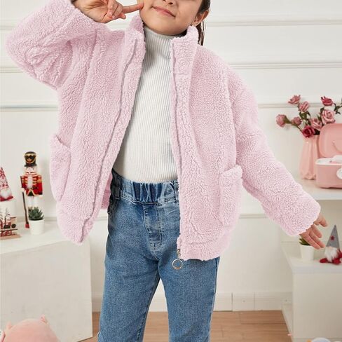 الفتيات سترة الصوف الدافئة زمم فو شيرلينغ ملابس خارجية مكتنزة الاطفال معطف الشتاء 4-16 T in Kuwait